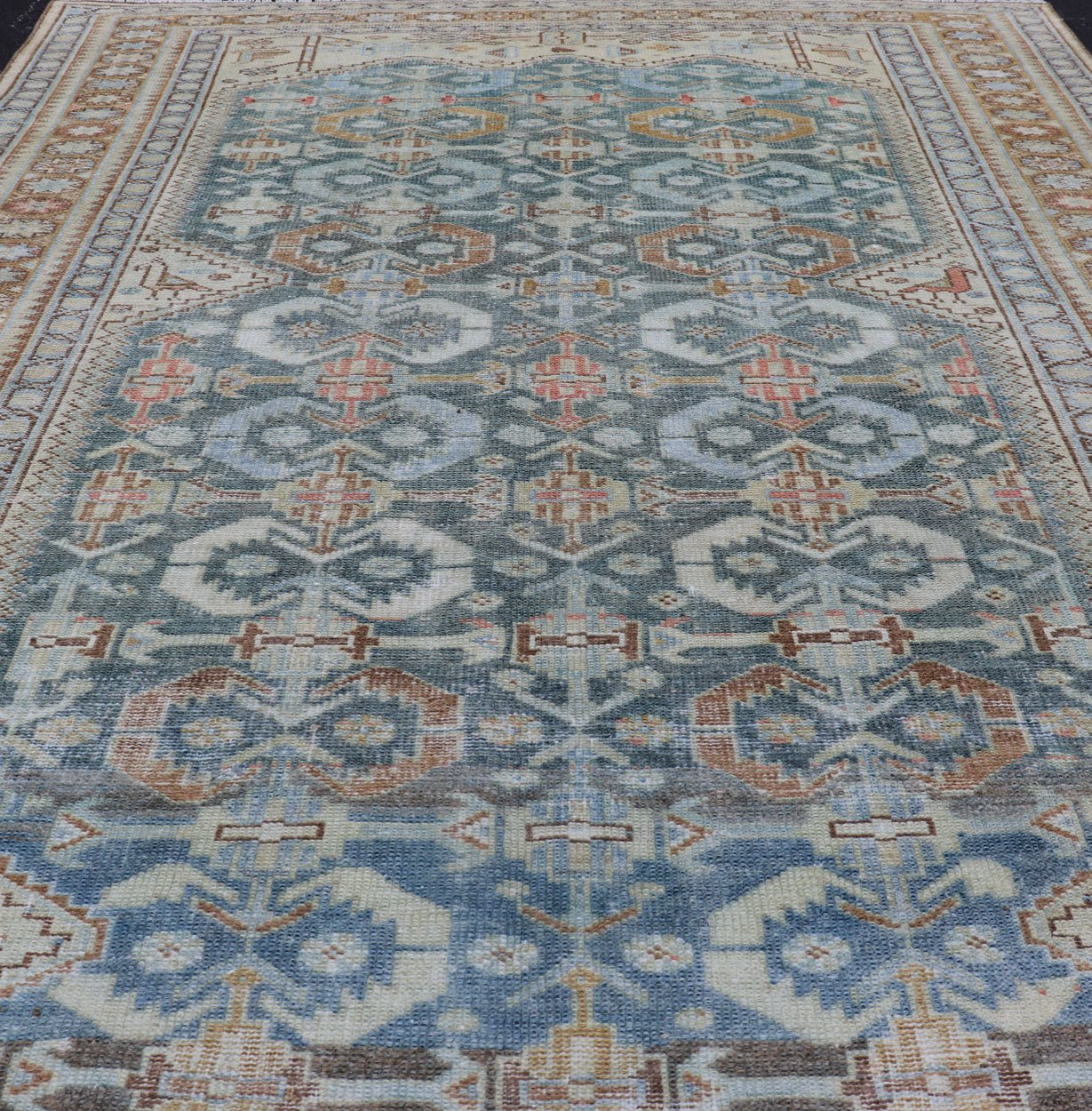 Muted Light Blue and L. Green Persian Gallery Malayer Rug with Geometric Design Intricately designed antique Malayer gallery in light tones, rug EMB - 8541 - 178694, country of origin Keivan Woven Arts / type: Iran / Malayer, circa 1920. This... - Keivan Woven ArtsEMB - 8541 - 178694 - 13790Rug