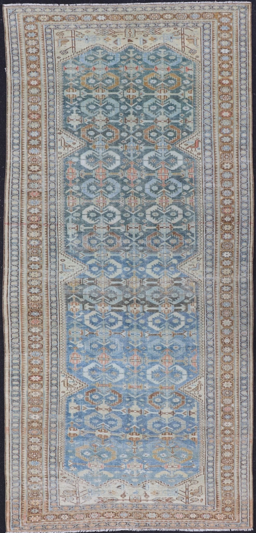 Muted Light Blue and L. Green Persian Gallery Malayer Rug with Geometric Design Intricately designed antique Malayer gallery in light tones, rug EMB - 8541 - 178694, country of origin Keivan Woven Arts / type: Iran / Malayer, circa 1920. This... - Keivan Woven ArtsEMB - 8541 - 178694 - 13790