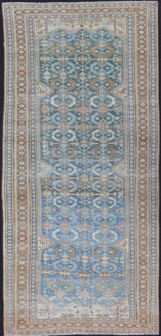 Muted Light Blue and L. Green Persian Gallery Malayer Rug with Geometric Design Intricately designed antique Malayer gallery in light tones, rug EMB - 8541 - 178694, country of origin Keivan Woven Arts / type: Iran / Malayer, circa 1920. This... - Keivan Woven ArtsEMB - 8541 - 178694 - 13790