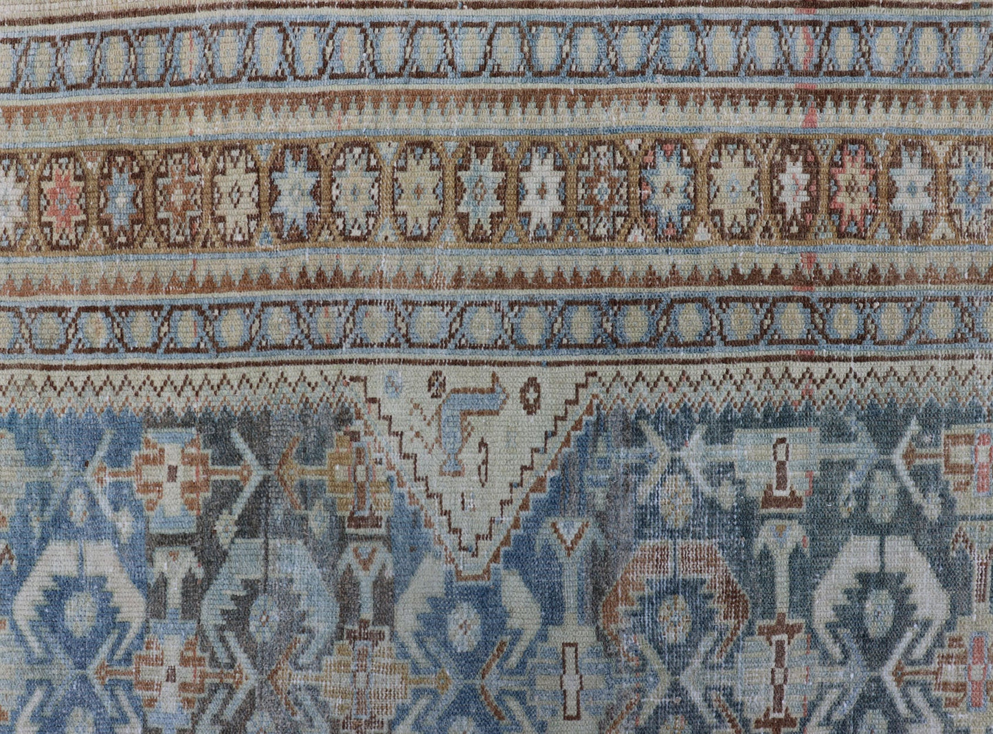 Muted Light Blue and L. Green Persian Gallery Malayer Rug with Geometric Design Intricately designed antique Malayer gallery in light tones, rug EMB - 8541 - 178694, country of origin Keivan Woven Arts / type: Iran / Malayer, circa 1920. This... - Keivan Woven ArtsEMB - 8541 - 178694 - 13790Rug