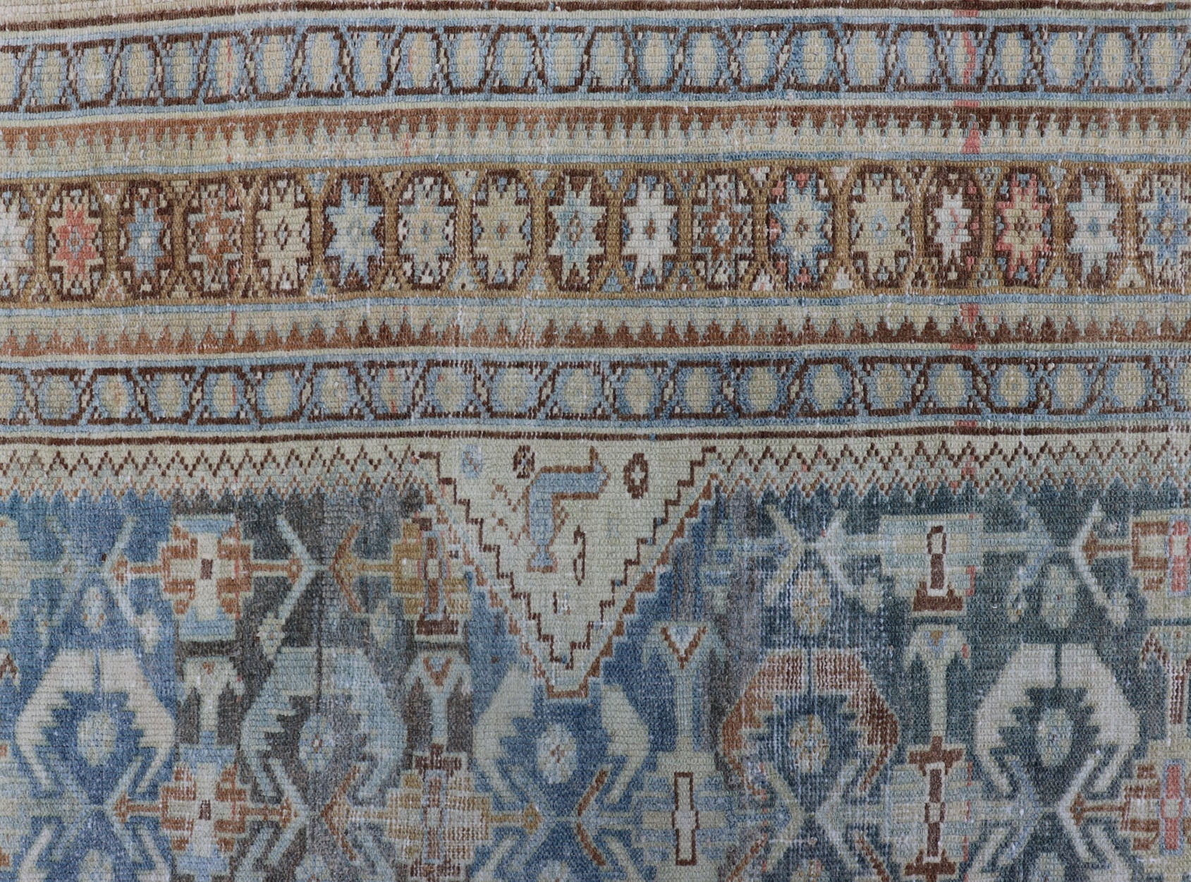 Muted Light Blue and L. Green Persian Gallery Malayer Rug with Geometric Design Intricately designed antique Malayer gallery in light tones, rug EMB - 8541 - 178694, country of origin Keivan Woven Arts / type: Iran / Malayer, circa 1920. This... - Keivan Woven ArtsEMB - 8541 - 178694 - 13790Rug
