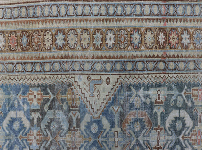 Muted Light Blue and L. Green Persian Gallery Malayer Rug with Geometric Design Intricately designed antique Malayer gallery in light tones, rug EMB - 8541 - 178694, country of origin Keivan Woven Arts / type: Iran / Malayer, circa 1920. This... - Keivan Woven ArtsEMB - 8541 - 178694 - 13790Rug