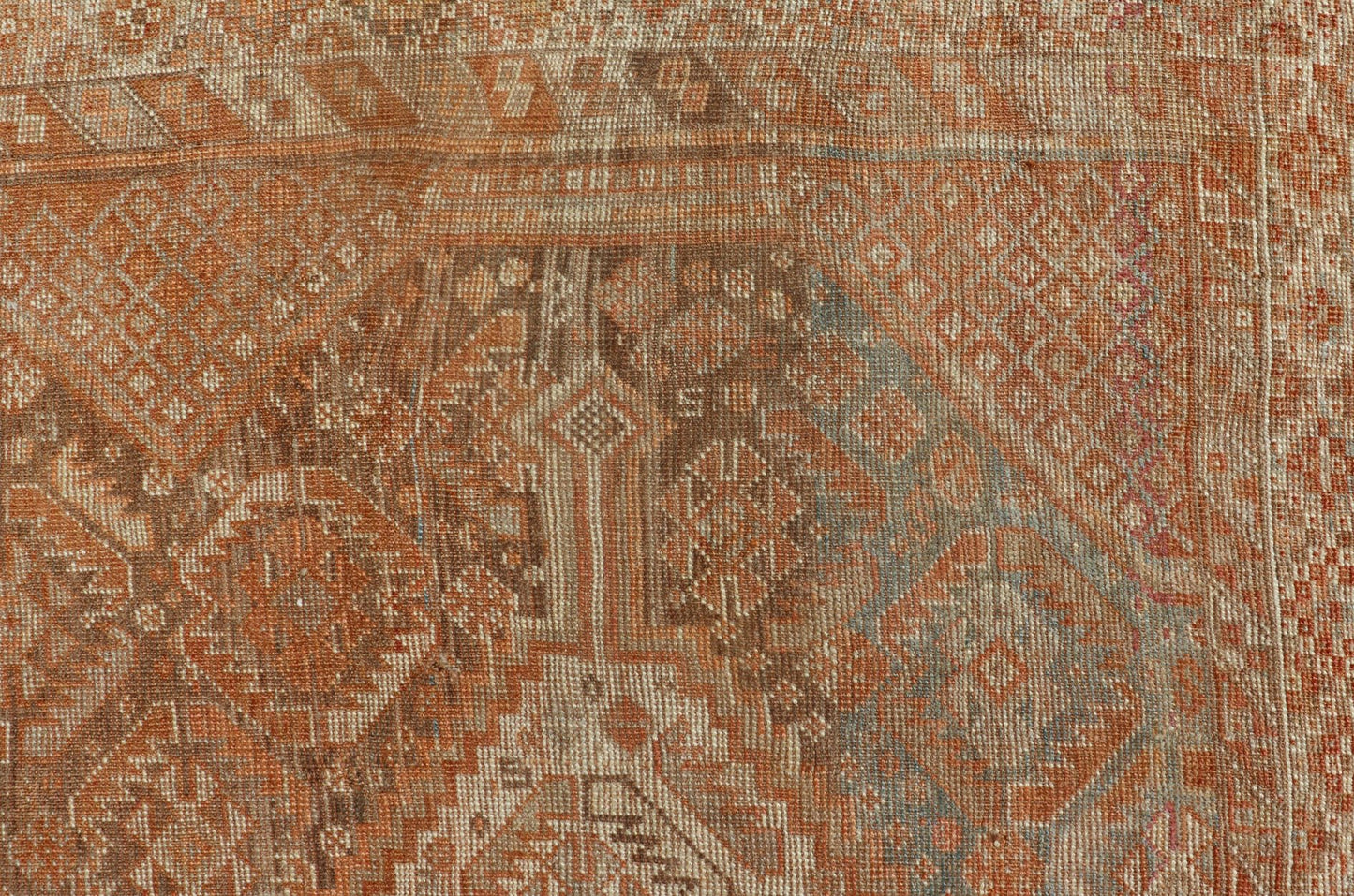 Antique Distressed Persian Shiraz Rug in Shades of Soft Orange, Lt. Brown, Gray. Persian antique Shiraz carpet in soft orange, light gray, light rust red and light brown with geometric medallions, rug EMB - 8545 - 06, country of origin / type: Iran... - Keivan Woven ArtsEMB - 8545 - 06 - 13806Rug