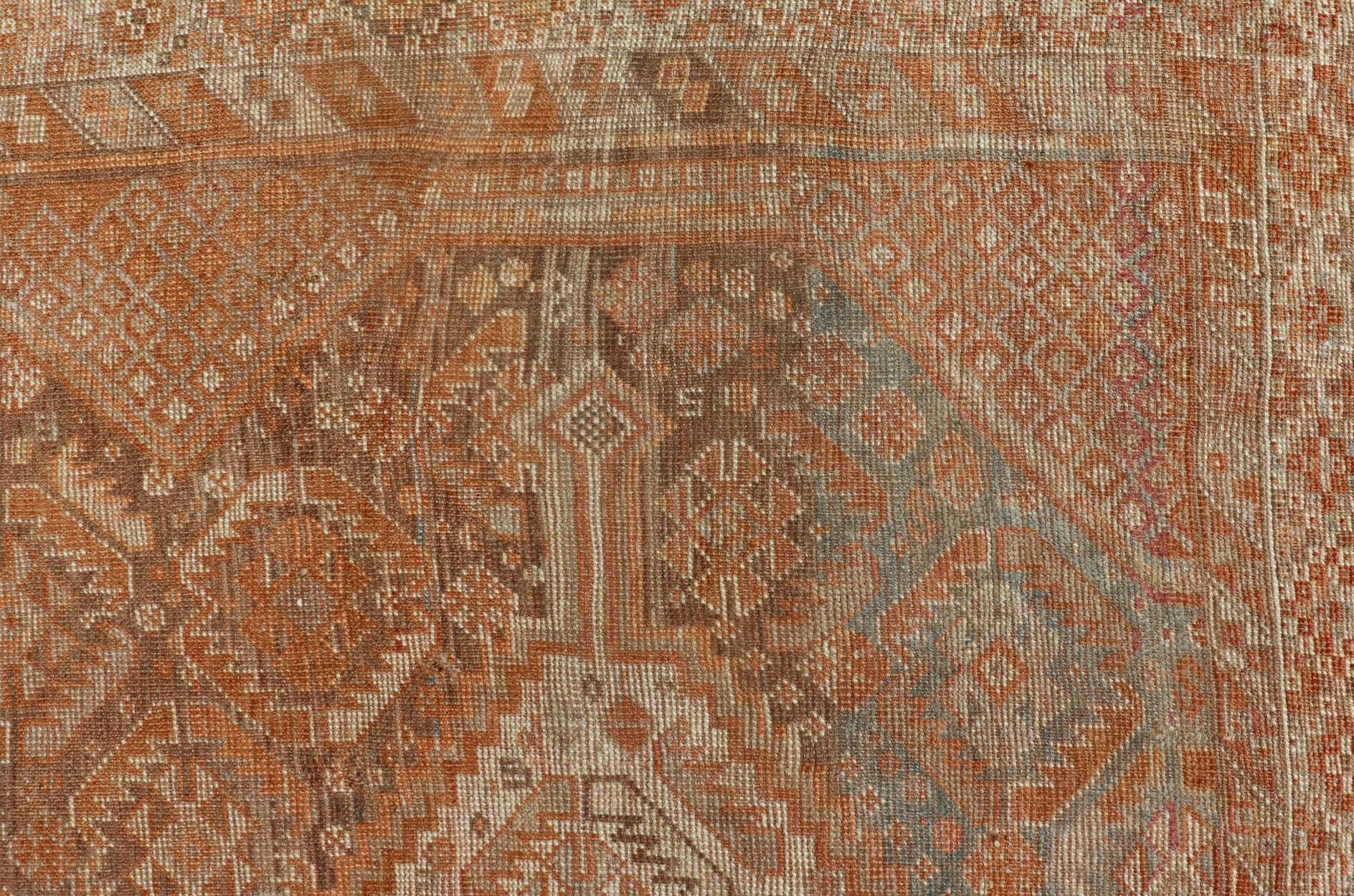 Antique Distressed Persian Shiraz Rug in Shades of Soft Orange, Lt. Brown, Gray. Persian antique Shiraz carpet in soft orange, light gray, light rust red and light brown with geometric medallions, rug EMB - 8545 - 06, country of origin / type: Iran... - Keivan Woven ArtsEMB - 8545 - 06 - 13806Rug