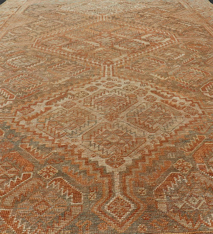 Antique Distressed Persian Shiraz Rug in Shades of Soft Orange, Lt. Brown, Gray. Persian antique Shiraz carpet in soft orange, light gray, light rust red and light brown with geometric medallions, rug EMB - 8545 - 06, country of origin / type: Iran... - Keivan Woven ArtsEMB - 8545 - 06 - 13806Rug