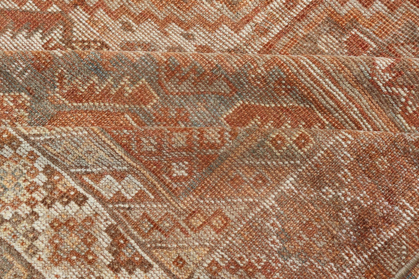 Antique Distressed Persian Shiraz Rug in Shades of Soft Orange, Lt. Brown, Gray. Persian antique Shiraz carpet in soft orange, light gray, light rust red and light brown with geometric medallions, rug EMB - 8545 - 06, country of origin / type: Iran... - Keivan Woven ArtsEMB - 8545 - 06 - 13806Rug