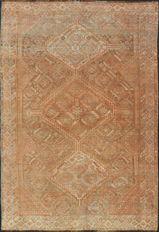 Antique Distressed Persian Shiraz Rug in Shades of Soft Orange, Lt. Brown, Gray. Persian antique Shiraz carpet in soft orange, light gray, light rust red and light brown with geometric medallions, rug EMB - 8545 - 06, country of origin / type: Iran... - Keivan Woven ArtsEMB - 8545 - 06 - 13806Rug