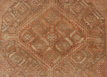 Antique Distressed Persian Shiraz Rug in Shades of Soft Orange, Lt. Brown, Gray. Persian antique Shiraz carpet in soft orange, light gray, light rust red and light brown with geometric medallions, rug EMB - 8545 - 06, country of origin / type: Iran... - Keivan Woven ArtsEMB - 8545 - 06 - 13806Rug