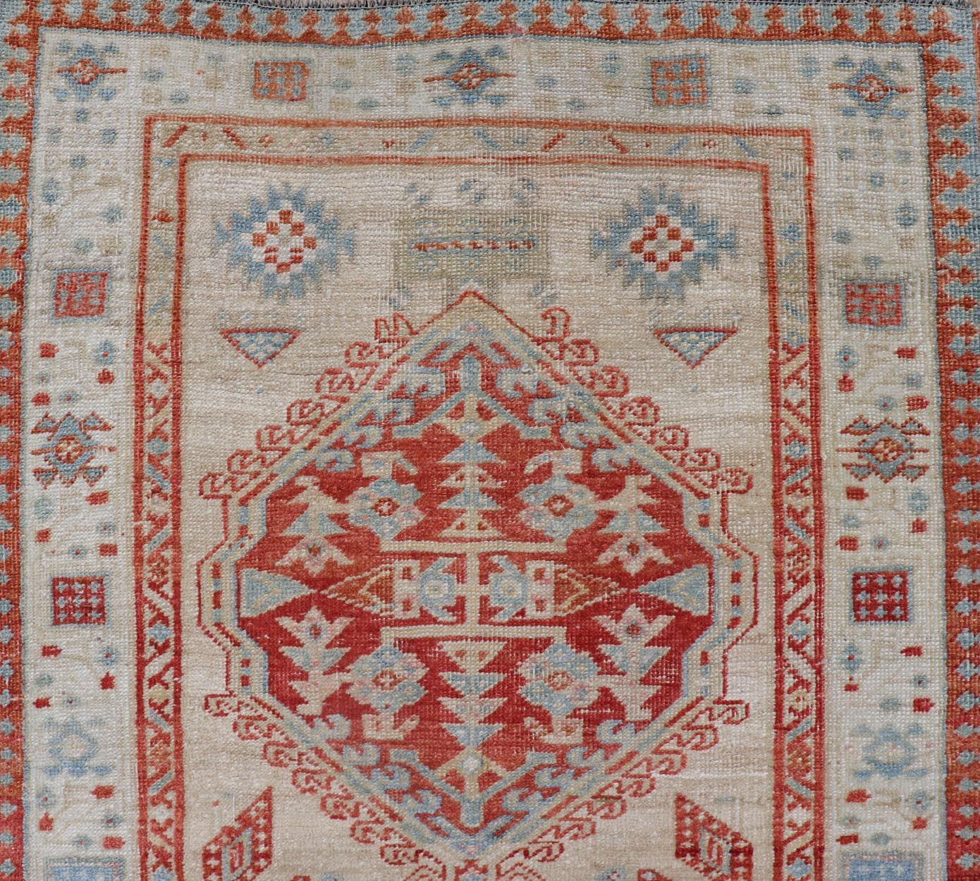 Antique Hand - Knotted Sarab Runner with Sub - Geometric Design in Red, Blue & Ivory This antique hand - knotted Sarab runner features a sub - geometric design accentuated by various motifs. The entirety of the piece is enclosed within a complementary,... - Keivan Woven ArtsEMB - 8548 - 178963 - 13818Rug