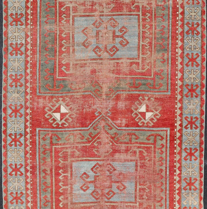 This antique Kazak hand - knotted rug features a geometric double box design and is enclosed within a complementary, multi - tiered border. The rug is rendered in blue, green, cream, red and brown tones; making this rug a perfect fit for a variety of class... - Keivan Woven ArtsEMB - 8552 - 178968 - 13830Rug