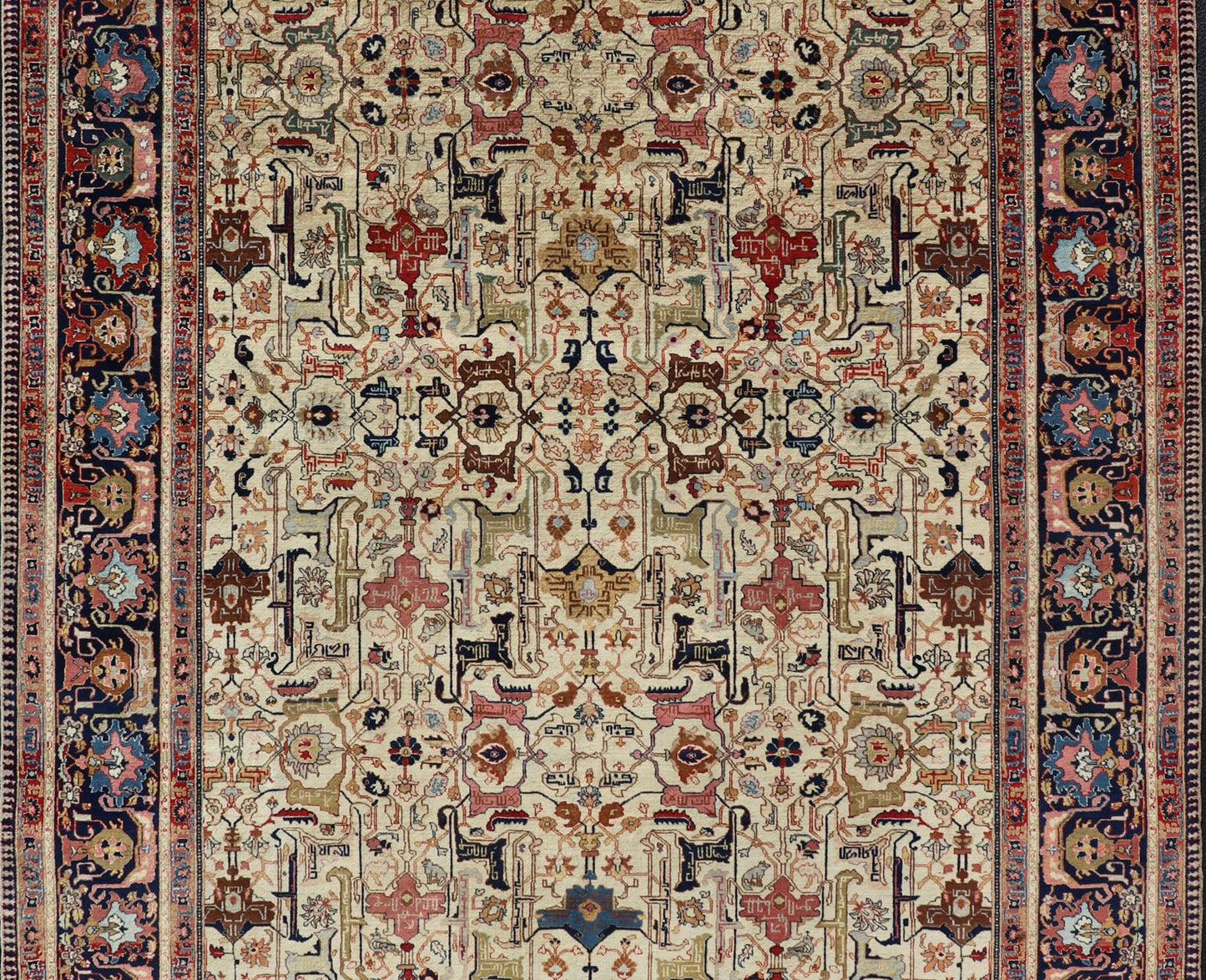 Antique Persian Tabriz Rug in Wool with All - Over Sub - Geometric Herati Design This antique Persian Tabriz rug features an all - over, sub - geometric unique design design rendered in multicolor, set upon an ivory background. A complementary, multi - ti... - Keivan Woven ArtsEMB - 9500 - P13583 - 14590Rug