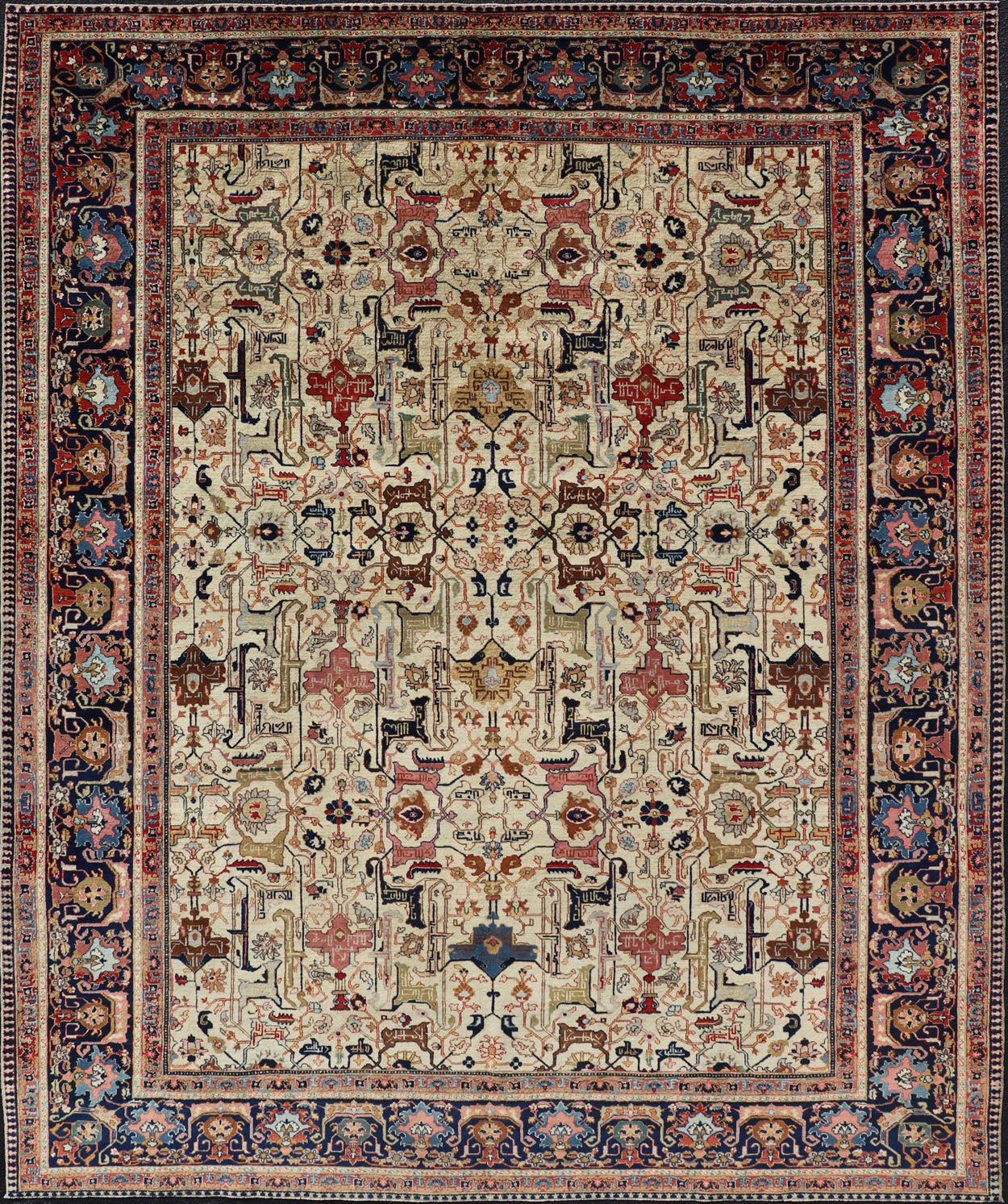 Antique Persian Tabriz Rug in Wool with All - Over Sub - Geometric Herati Design This antique Persian Tabriz rug features an all - over, sub - geometric unique design design rendered in multicolor, set upon an ivory background. A complementary, multi - ti... - Keivan Woven ArtsEMB - 9500 - P13583 - 14590Rug