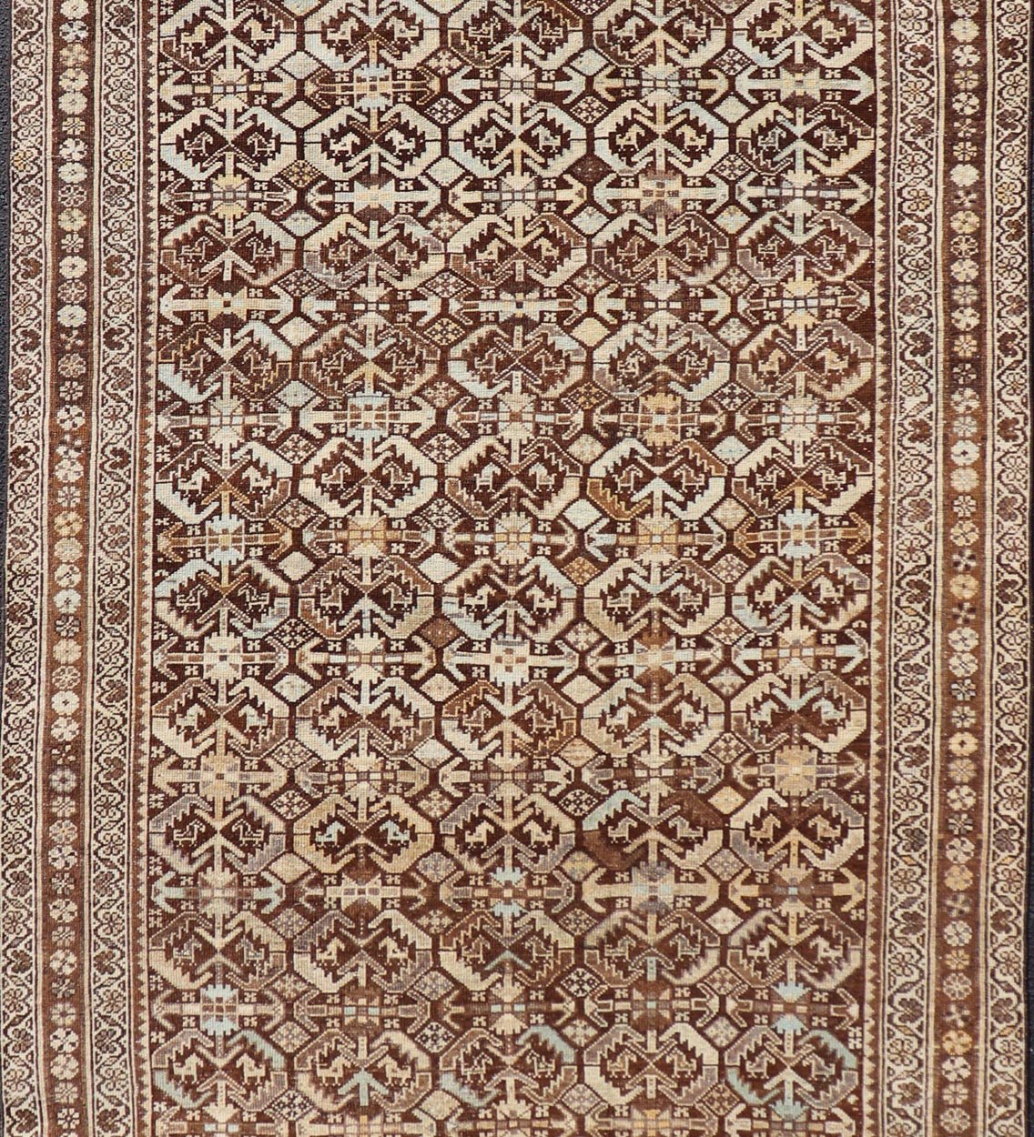 Kurdish Antique Gallery Runner with All - Over Tribal Design in Browns and Blue Antique Kurdish Gallery runner with all - over tribal geometric motifs. Keivan Woven Arts / rug EMB - 9501 - P13063, country of origin / type: Iran / Kurdish, circa 1920.... - Keivan Woven ArtsEMB - 9501 - P13063 - 14542Rug