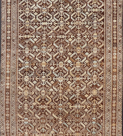 Kurdish Antique Gallery Runner with All - Over Tribal Design in Browns and Blue Antique Kurdish Gallery runner with all - over tribal geometric motifs. Keivan Woven Arts / rug EMB - 9501 - P13063, country of origin / type: Iran / Kurdish, circa 1920.... - Keivan Woven ArtsEMB - 9501 - P13063 - 14542Rug