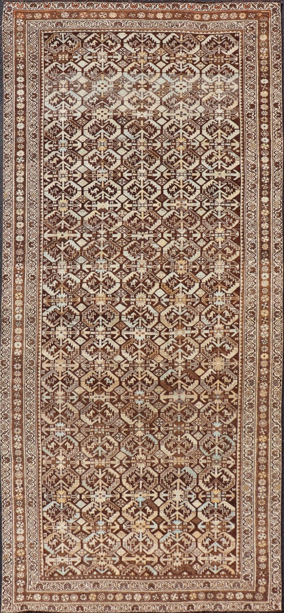 Kurdish Antique Gallery Runner with All - Over Tribal Design in Browns and Blue Antique Kurdish Gallery runner with all - over tribal geometric motifs. Keivan Woven Arts / rug EMB - 9501 - P13063, country of origin / type: Iran / Kurdish, circa 1920.... - Keivan Woven ArtsEMB - 9501 - P13063 - 14542Rug