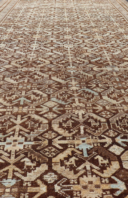 Kurdish Antique Gallery Runner with All - Over Tribal Design in Browns and Blue Antique Kurdish Gallery runner with all - over tribal geometric motifs. Keivan Woven Arts / rug EMB - 9501 - P13063, country of origin / type: Iran / Kurdish, circa 1920.... - Keivan Woven ArtsEMB - 9501 - P13063 - 14542Rug