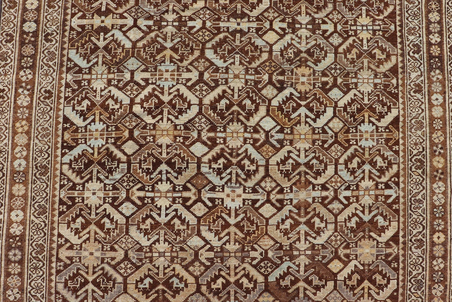 Kurdish Antique Gallery Runner with All - Over Tribal Design in Browns and Blue Antique Kurdish Gallery runner with all - over tribal geometric motifs. Keivan Woven Arts / rug EMB - 9501 - P13063, country of origin / type: Iran / Kurdish, circa 1920.... - Keivan Woven ArtsEMB - 9501 - P13063 - 14542Rug