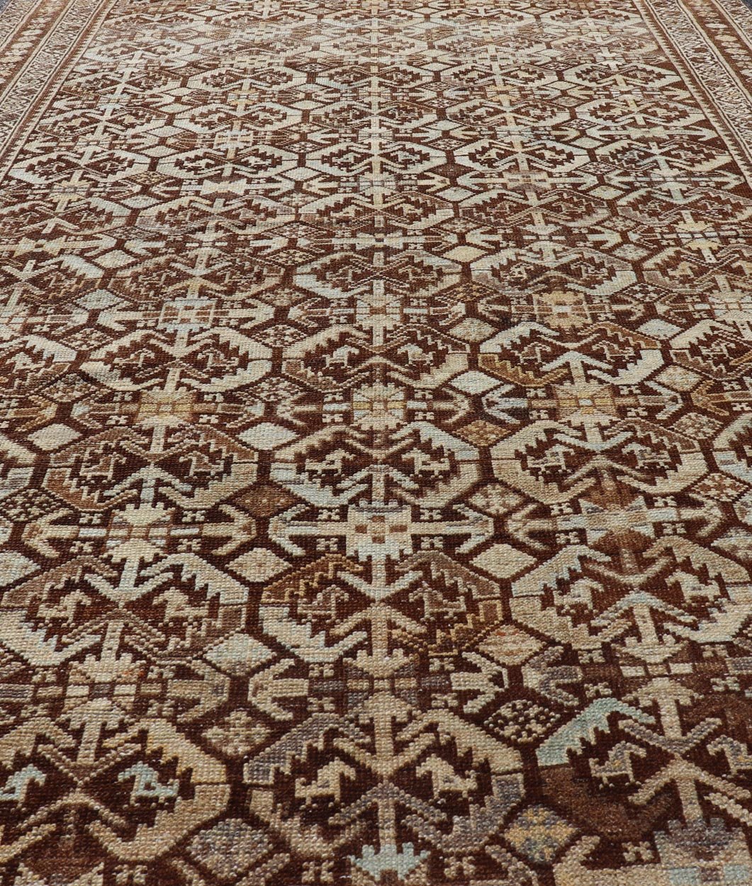 Kurdish Antique Gallery Runner with All - Over Tribal Design in Browns and Blue Antique Kurdish Gallery runner with all - over tribal geometric motifs. Keivan Woven Arts / rug EMB - 9501 - P13063, country of origin / type: Iran / Kurdish, circa 1920.... - Keivan Woven ArtsEMB - 9501 - P13063 - 14542Rug