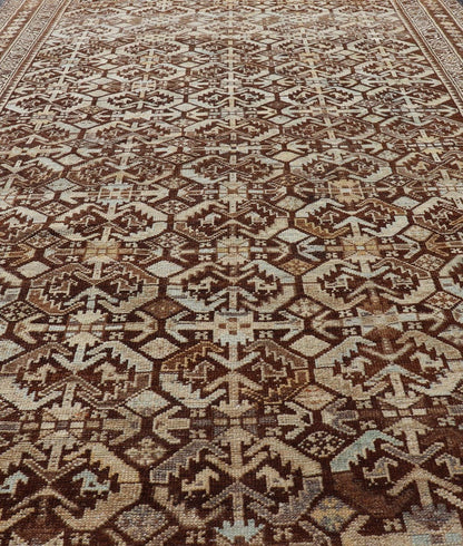 Kurdish Antique Gallery Runner with All - Over Tribal Design in Browns and Blue Antique Kurdish Gallery runner with all - over tribal geometric motifs. Keivan Woven Arts / rug EMB - 9501 - P13063, country of origin / type: Iran / Kurdish, circa 1920.... - Keivan Woven ArtsEMB - 9501 - P13063 - 14542Rug