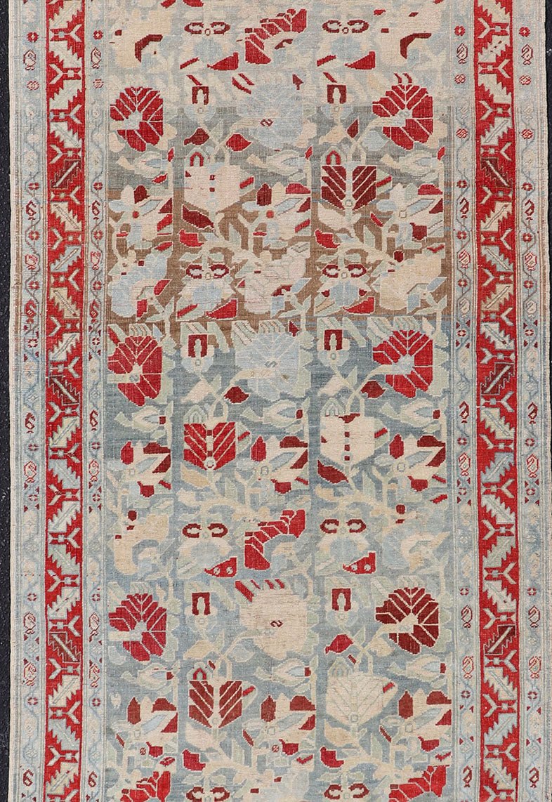 Antique Persian Hamedan Runner with Geometric in Light Blue & Raspberry Red. Distressed Persian Runner Antique distressed runner. antique Persian Hamadan runner with all over sub - geometric design. Intricately designed antique Hamadan runner in l... - Keivan Woven ArtsEMB - 9504 - P13036 - 14602Rug