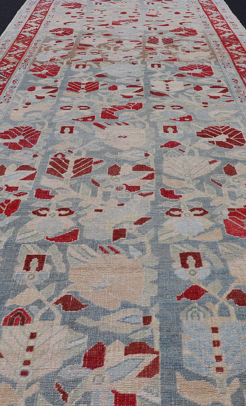 Antique Persian Hamedan Runner with Geometric in Light Blue & Raspberry Red. Distressed Persian Runner Antique distressed runner. antique Persian Hamadan runner with all over sub - geometric design. Intricately designed antique Hamadan runner in l... - Keivan Woven ArtsEMB - 9504 - P13036 - 14602Rug