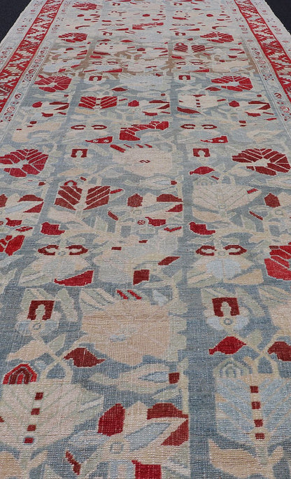 Antique Persian Hamedan Runner with Geometric in Light Blue & Raspberry Red. Distressed Persian Runner Antique distressed runner. antique Persian Hamadan runner with all over sub - geometric design. Intricately designed antique Hamadan runner in l... - Keivan Woven ArtsEMB - 9504 - P13036 - 14602Rug