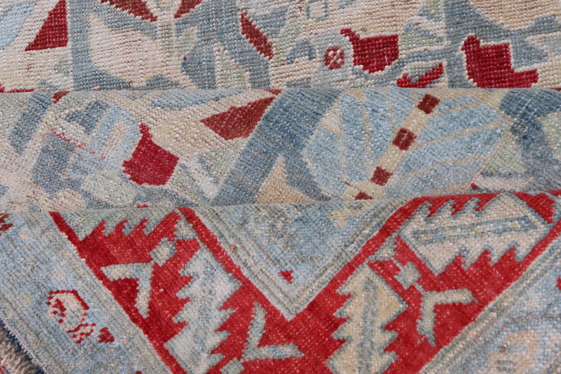 Antique Persian Hamedan Runner with Geometric in Light Blue & Raspberry Red. Distressed Persian Runner Antique distressed runner. antique Persian Hamadan runner with all over sub - geometric design. Intricately designed antique Hamadan runner in l... - Keivan Woven ArtsEMB - 9504 - P13036 - 14602Rug