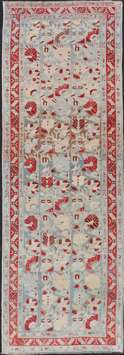 Antique Persian Hamedan Runner with Geometric in Light Blue & Raspberry Red. Distressed Persian Runner Antique distressed runner. antique Persian Hamadan runner with all over sub - geometric design. Intricately designed antique Hamadan runner in l... - Keivan Woven ArtsEMB - 9504 - P13036 - 14602Rug