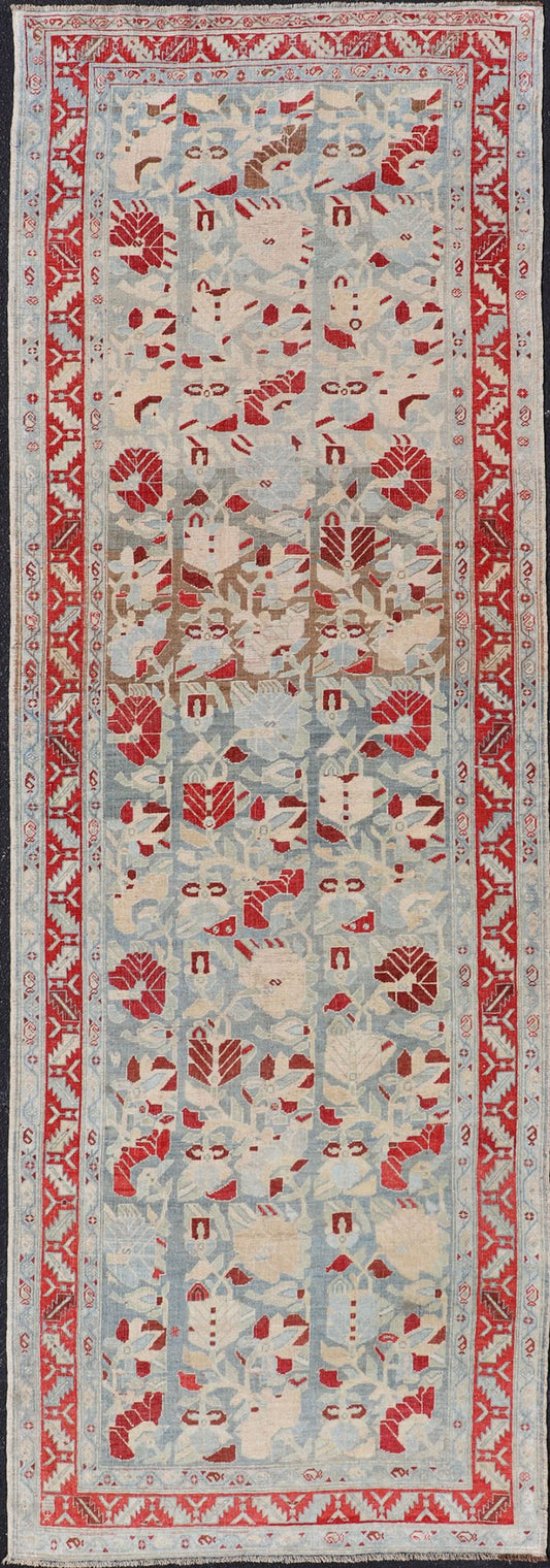 Antique Persian Hamedan Runner with Geometric in Light Blue & Raspberry Red. Distressed Persian Runner Antique distressed runner. antique Persian Hamadan runner with all over sub - geometric design. Intricately designed antique Hamadan runner in l... - Keivan Woven ArtsEMB - 9504 - P13036 - 14602Rug