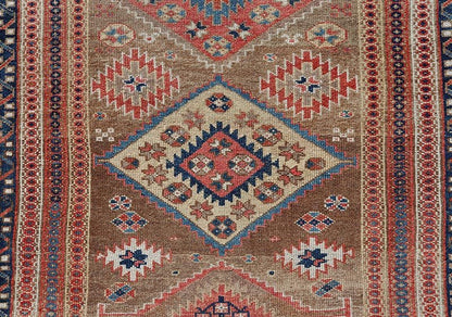 Antique Persian Kurdish Short Runner With Geometric Motifs in Light Camel Field Antique Persian Kurdish Short Runner With Geometric Motifs in Light Camel Field Medallion design on camel field, dark blue, red, ivory, and camel. Keivan Woven A... - Keivan Woven ArtsEMB - 9505 - P13067 - 14608Rug