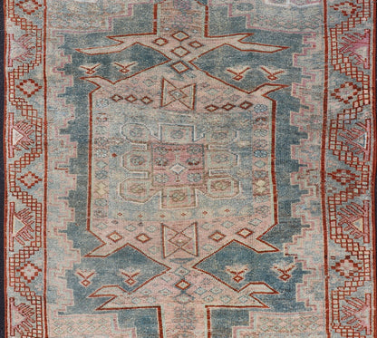 Persian Kurdish Antique Rug with Tribal Design in Light Blue, Teal, Taupe & Red Antique Kurdish rug with tribal geometric medallions in soft blue, pink, light blue, medium blue with hint of teal, brown, tape, salmon and red in the border. rug EM... - Keivan Woven ArtsEMB - 9509 - P13085 - 14620Rug