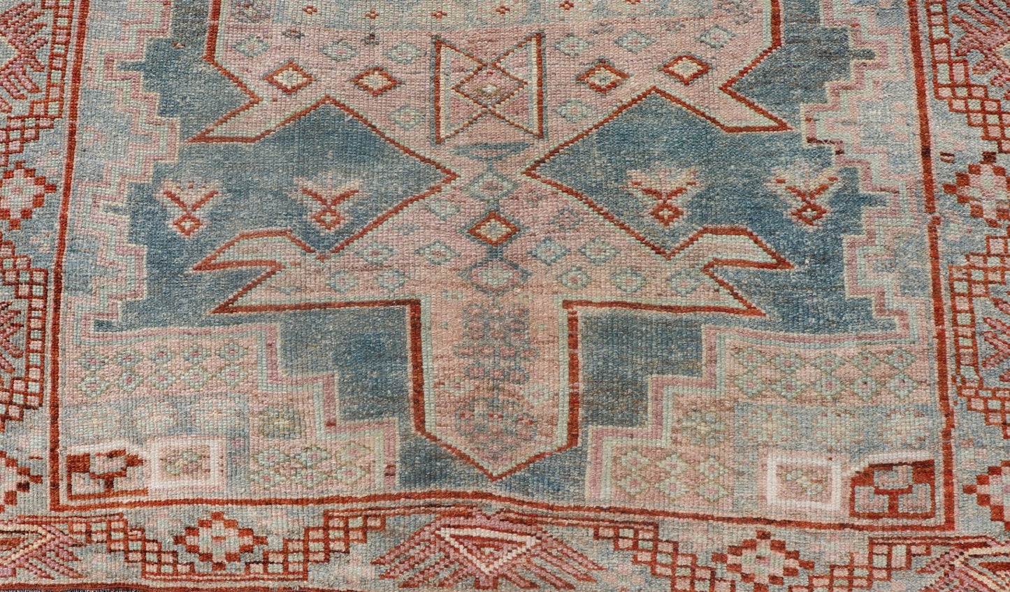 Persian Kurdish Antique Rug with Tribal Design in Light Blue, Teal, Taupe & Red Antique Kurdish rug with tribal geometric medallions in soft blue, pink, light blue, medium blue with hint of teal, brown, tape, salmon and red in the border. rug EM... - Keivan Woven ArtsEMB - 9509 - P13085 - 14620Rug