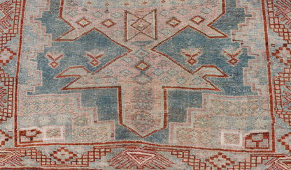 Persian Kurdish Antique Rug with Tribal Design in Light Blue, Teal, Taupe & Red Antique Kurdish rug with tribal geometric medallions in soft blue, pink, light blue, medium blue with hint of teal, brown, tape, salmon and red in the border. rug EM... - Keivan Woven ArtsEMB - 9509 - P13085 - 14620Rug