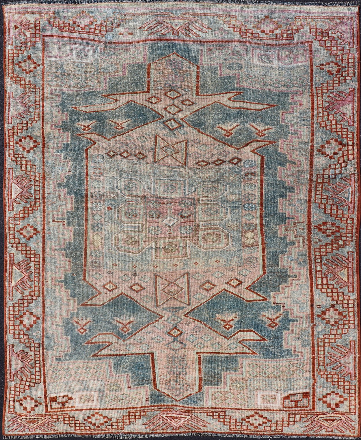 Persian Kurdish Antique Rug with Tribal Design in Light Blue, Teal, Taupe & Red Antique Kurdish rug with tribal geometric medallions in soft blue, pink, light blue, medium blue with hint of teal, brown, tape, salmon and red in the border. rug EM... - Keivan Woven ArtsEMB - 9509 - P13085 - 14620Rug