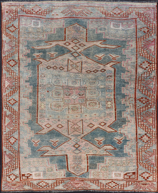 Persian Kurdish Antique Rug with Tribal Design in Light Blue, Teal, Taupe & Red Antique Kurdish rug with tribal geometric medallions in soft blue, pink, light blue, medium blue with hint of teal, brown, tape, salmon and red in the border. rug EM... - Keivan Woven ArtsEMB - 9509 - P13085 - 14620Rug