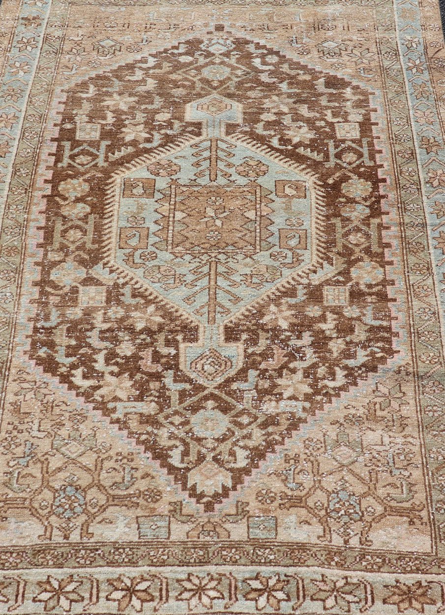 Earthy Tone Antique Persian Hamadan Rug with Medallion Design in Brown and Blue All - over Persian Earth toned vintage malayer rug Floral medallion design malayer vintage rug in brown and light grayish - blue color tones, Keivan Woven Arts / rug ... - Keivan Woven ArtsEMB - 9512 - P13086 - 14632Rug