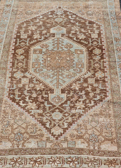 Earthy Tone Antique Persian Hamadan Rug with Medallion Design in Brown and Blue All - over Persian Earth toned vintage malayer rug Floral medallion design malayer vintage rug in brown and light grayish - blue color tones, Keivan Woven Arts / rug ... - Keivan Woven ArtsEMB - 9512 - P13086 - 14632Rug