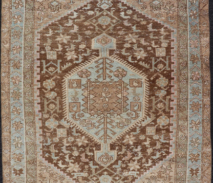 Earthy Tone Antique Persian Hamadan Rug with Medallion Design in Brown and Blue All - over Persian Earth toned vintage malayer rug Floral medallion design malayer vintage rug in brown and light grayish - blue color tones, Keivan Woven Arts / rug ... - Keivan Woven ArtsEMB - 9512 - P13086 - 14632Rug