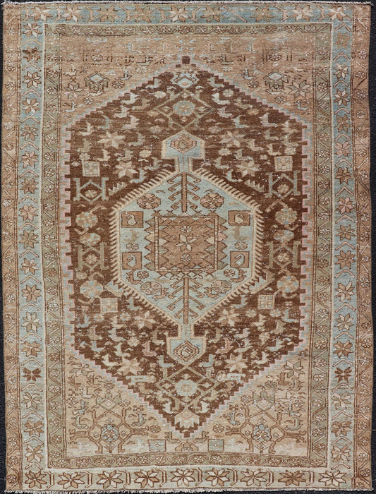 Earthy Tone Antique Persian Hamadan Rug with Medallion Design in Brown and Blue All - over Persian Earth toned vintage malayer rug Floral medallion design malayer vintage rug in brown and light grayish - blue color tones, Keivan Woven Arts / rug ... - Keivan Woven ArtsEMB - 9512 - P13086 - 14632Rug
