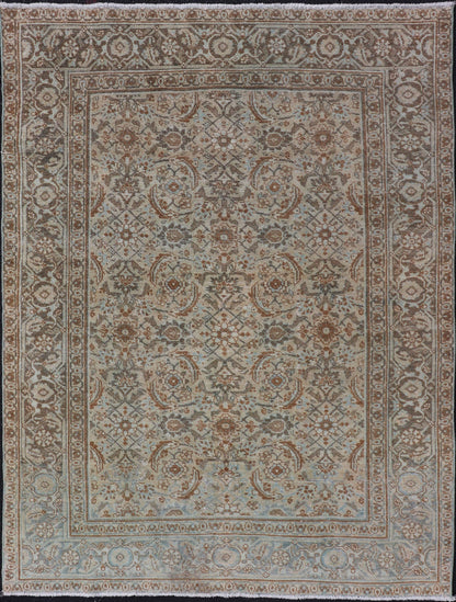 Antique Persian Tabriz Rug in Wool with All - Over Floral Design in Earth Colors This Tabriz rug features a relatively intricate and detailed border area and an entirely sparse and small repeating tribal motif in the center field. The tones of th... - Keivan Woven ArtsEMB - 9516 - P13065 - 14644Rug