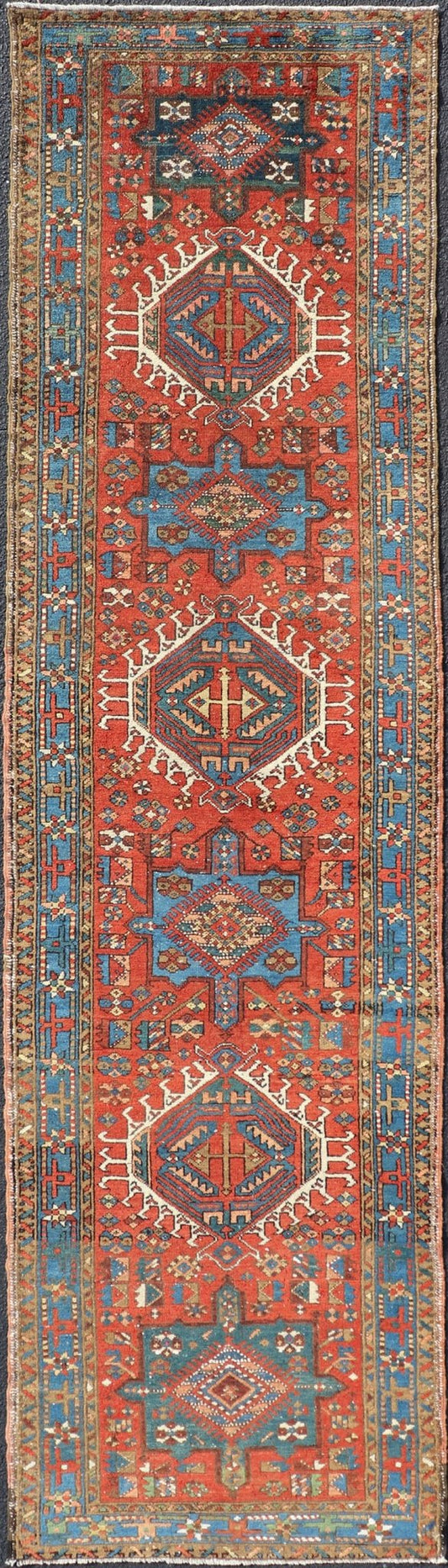 Antique Hand Knotted Persian Heriz Runner with All - Over Sub - Geometric Design Antique Heriz Runner with all - over medallion design with geometric motifs, Keivan Woven Arts / rug EMB - 9520 - P13053, country of origin / type: Persian / Heriz, circa Ear... - Keivan Woven ArtsEMB - 9520 - P13053 - 14656Rug