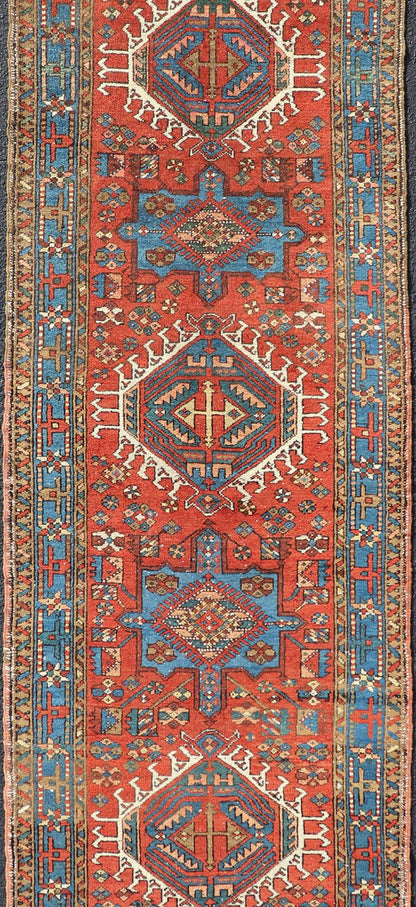 Antique Hand Knotted Persian Heriz Runner with All - Over Sub - Geometric Design Antique Heriz Runner with all - over medallion design with geometric motifs, Keivan Woven Arts / rug EMB - 9520 - P13053, country of origin / type: Persian / Heriz, circa Ear... - Keivan Woven ArtsEMB - 9520 - P13053 - 14656Rug