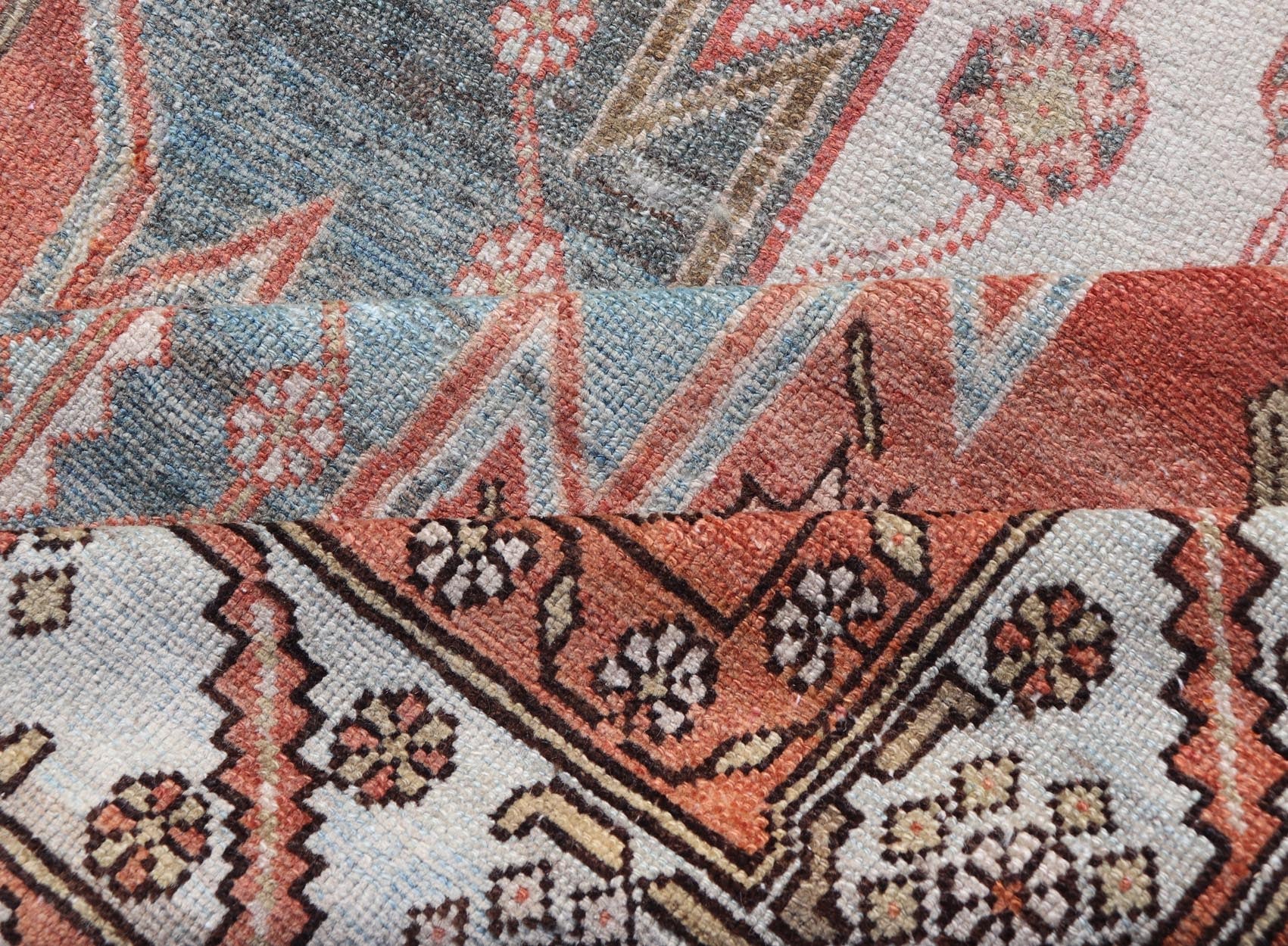Antique Geometric Persian Malayer Gallery Runner in Gray, Blue, Light Tera - cotta and Cream Wide Gallery runner, antique Persian Malayer, Keivan Woven Arts / rug EMB - 9522 - P13066, country of origin / type: Iran / Malayer, circa 1920. Wide runner, ... - Keivan Woven ArtsEMB - 9522 - P13066 - 14662Rug
