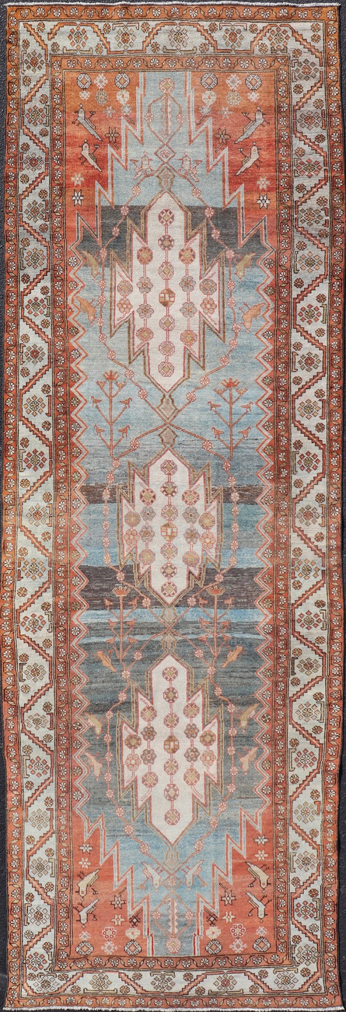 Antique Geometric Persian Malayer Gallery Runner in Gray, Blue, Light Tera - cotta and Cream Wide Gallery runner, antique Persian Malayer, Keivan Woven Arts / rug EMB - 9522 - P13066, country of origin / type: Iran / Malayer, circa 1920. Wide runner, ... - Keivan Woven ArtsEMB - 9522 - P13066 - 14662Rug