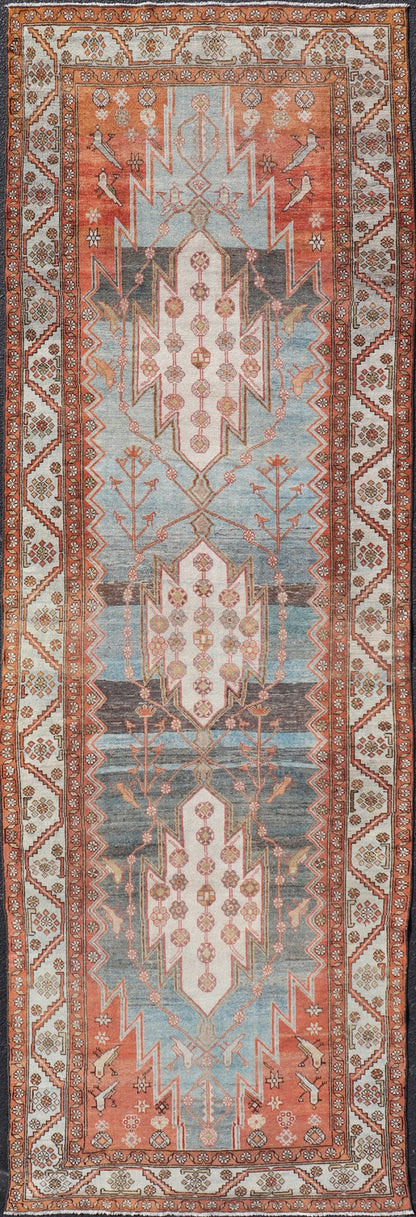 Antique Geometric Persian Malayer Gallery Runner in Gray, Blue, Light Tera - cotta and Cream Wide Gallery runner, antique Persian Malayer, Keivan Woven Arts / rug EMB - 9522 - P13066, country of origin / type: Iran / Malayer, circa 1920. Wide runner, ... - Keivan Woven ArtsEMB - 9522 - P13066 - 14662Rug