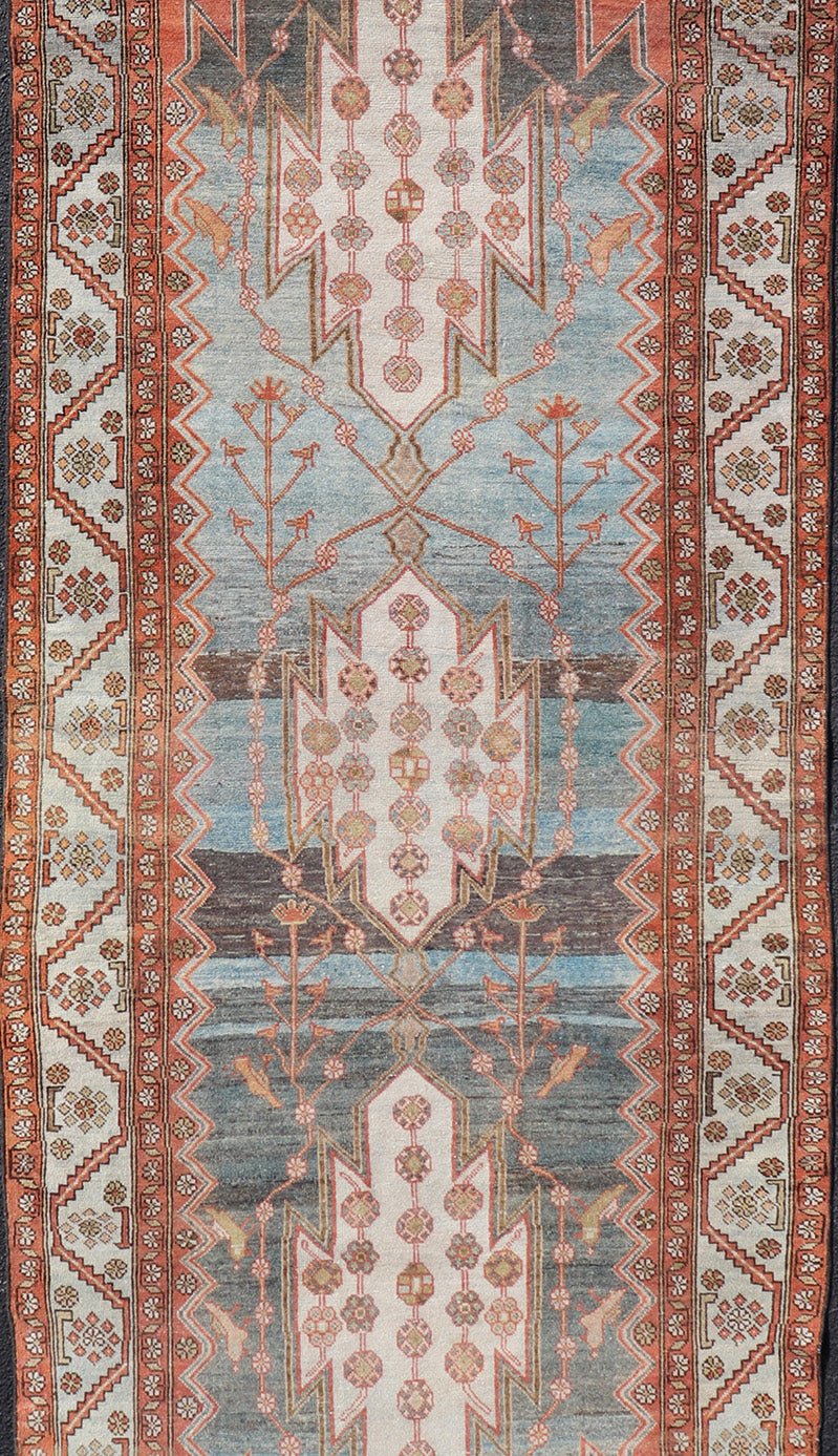 Antique Geometric Persian Malayer Gallery Runner in Gray, Blue, Light Tera - cotta and Cream Wide Gallery runner, antique Persian Malayer, Keivan Woven Arts / rug EMB - 9522 - P13066, country of origin / type: Iran / Malayer, circa 1920. Wide runner, ... - Keivan Woven ArtsEMB - 9522 - P13066 - 14662Rug