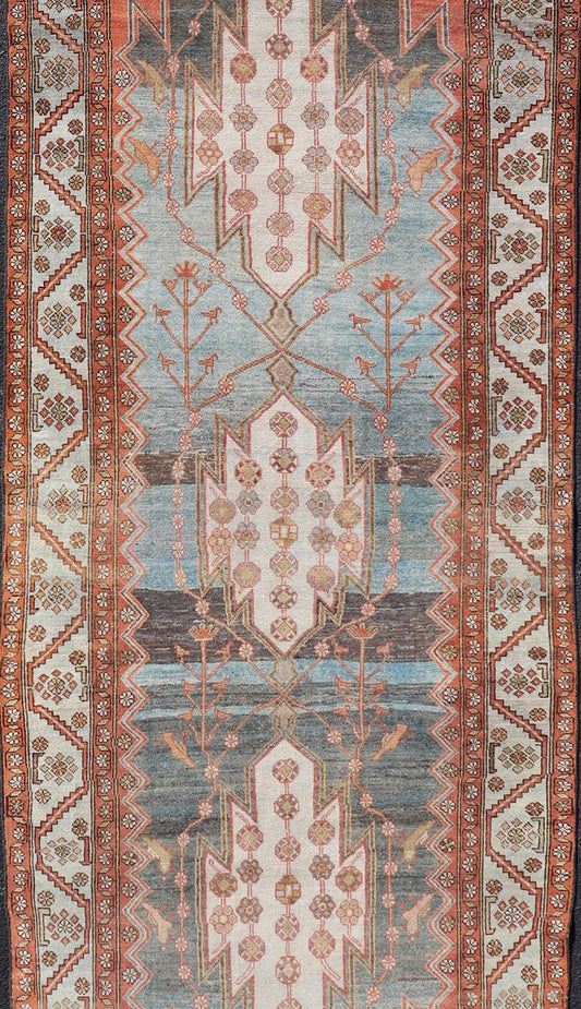 Antique Geometric Persian Malayer Gallery Runner in Gray, Blue, Light Tera - cotta and Cream Wide Gallery runner, antique Persian Malayer, Keivan Woven Arts / rug EMB - 9522 - P13066, country of origin / type: Iran / Malayer, circa 1920. Wide runner, ... - Keivan Woven ArtsEMB - 9522 - P13066 - 14662Rug