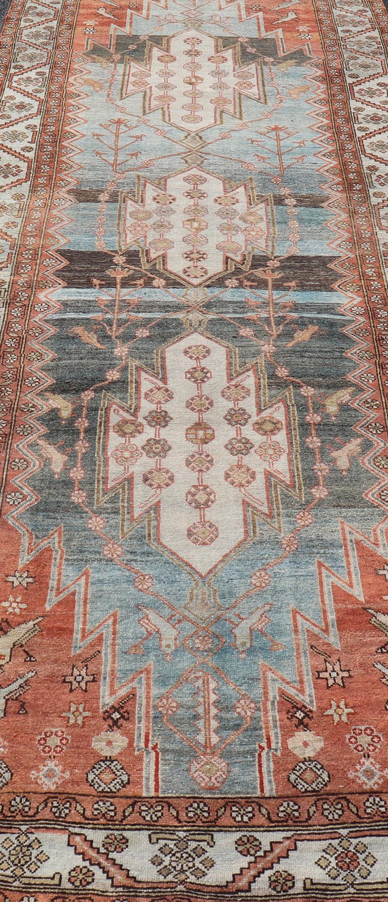 Antique Geometric Persian Malayer Gallery Runner in Gray, Blue, Light Tera - cotta and Cream Wide Gallery runner, antique Persian Malayer, Keivan Woven Arts / rug EMB - 9522 - P13066, country of origin / type: Iran / Malayer, circa 1920. Wide runner, ... - Keivan Woven ArtsEMB - 9522 - P13066 - 14662Rug