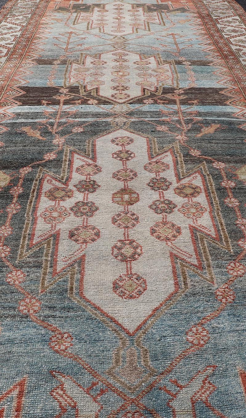 Antique Geometric Persian Malayer Gallery Runner in Gray, Blue, Light Tera - cotta and Cream Wide Gallery runner, antique Persian Malayer, Keivan Woven Arts / rug EMB - 9522 - P13066, country of origin / type: Iran / Malayer, circa 1920. Wide runner, ... - Keivan Woven ArtsEMB - 9522 - P13066 - 14662Rug