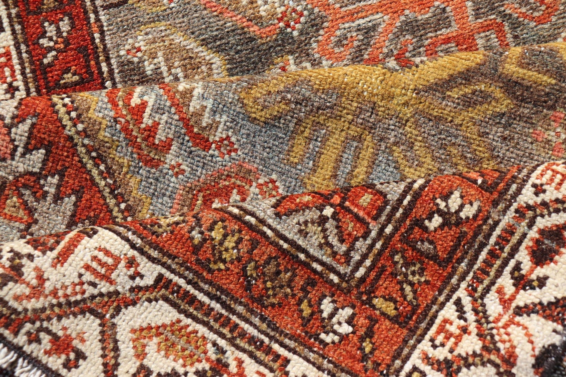 Antique Persian Hamadan Long Runner in Brown, Gray and Earth Tones Measures 2'6 x 16'3 This grand runner features a beautiful desert palette of orange, rustic gold, taupe, dulled cream, red, and camel, with a bright white border filled w... - Keivan Woven ArtsEMB - 9524 - P13062 - 14674Rug